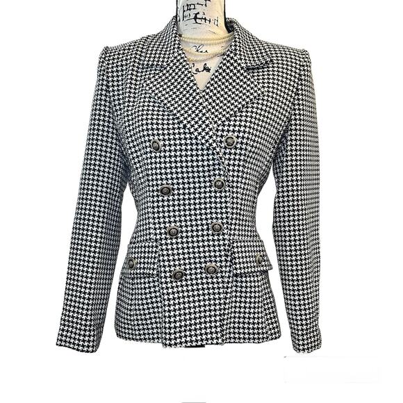 Vintage Jackets & Blazers - Vintage Houndstooth Blazer Double Breasted Black White Office Siren 80s 90s USA